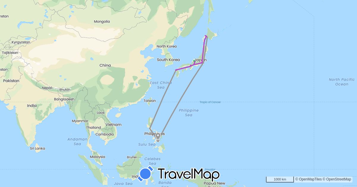 TravelMap itinerary: bus, plane, train, electric vehicle in Japan, Philippines (Asia)